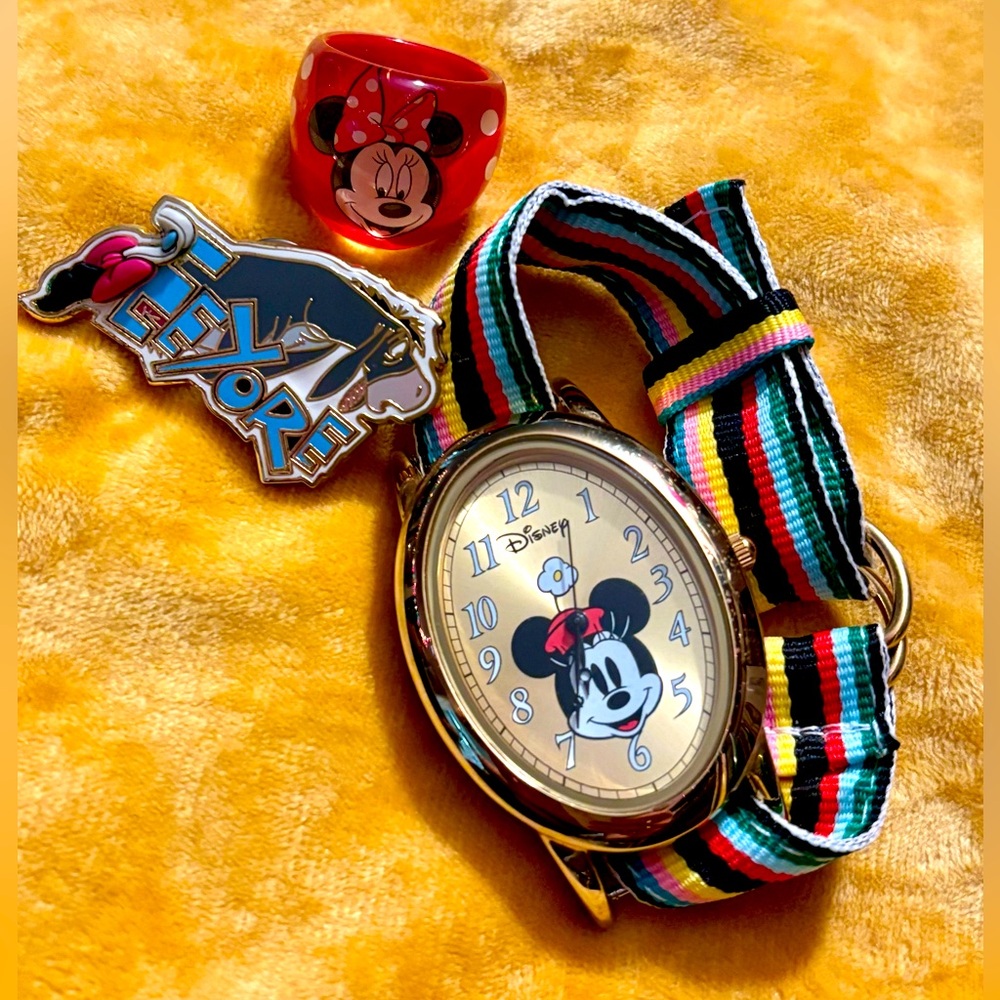 Disney Bundle—Vintage 1990’s Gold Toned Minnie Mouse Watch W/Multicolor Strap.